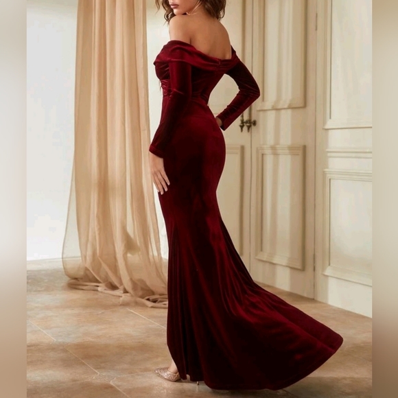 New Luxe Velvet Wrap Off Shoulder Formal Maxi Dress Burgundy Red - Picture 5 of 13